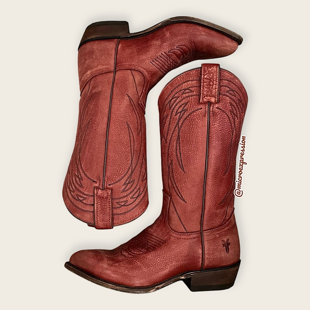 $385 Frye Billy Vintage Red Brick Leather Embroidered Pull-On Cowgirl Tall Boot - Picture 6 of 15